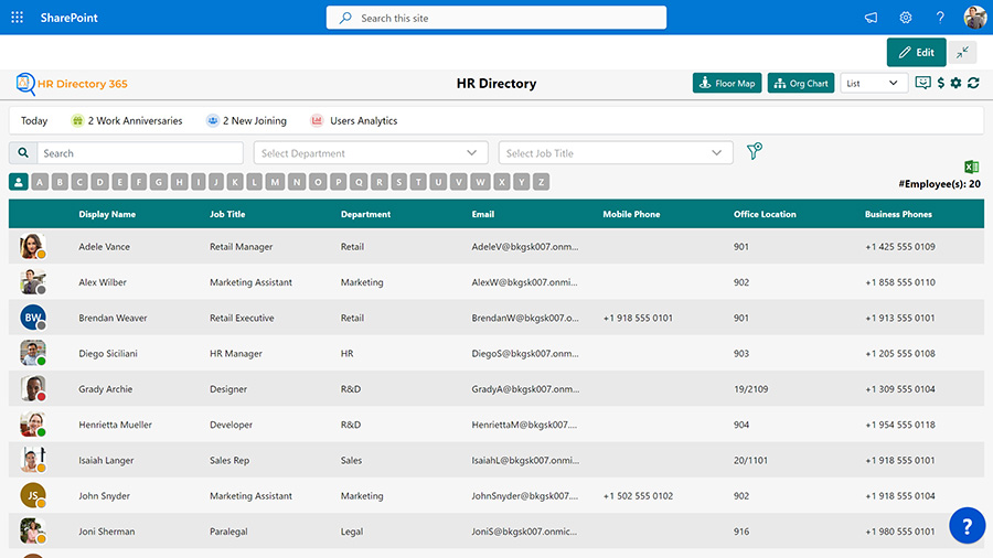 HR Directory Dashboard - List View